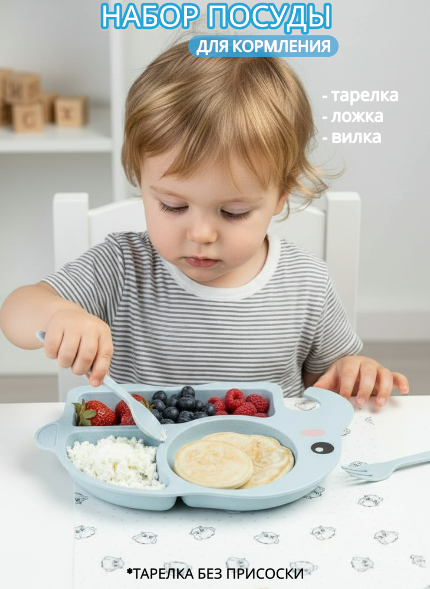 Набор детской посуды для кормления Слонёнок голубой с тарелкой ложкой и вилкой