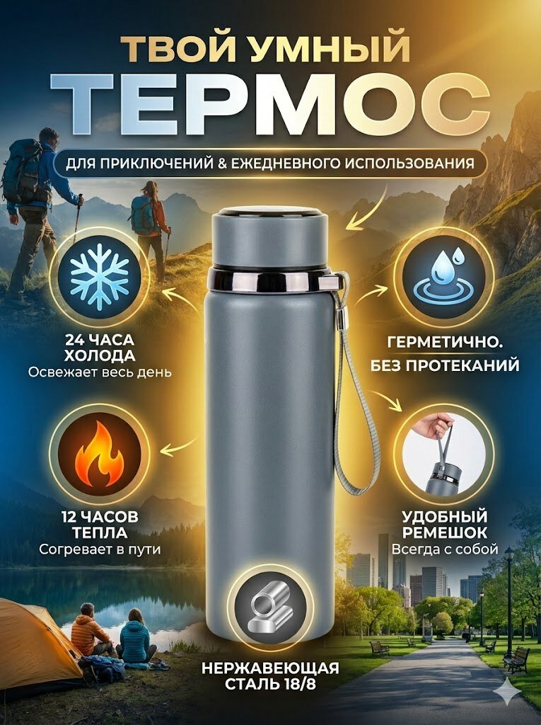 Термос "Sport", нержавеющая сталь 316, с цифровым датчиком температуры, черная, 0,5 л