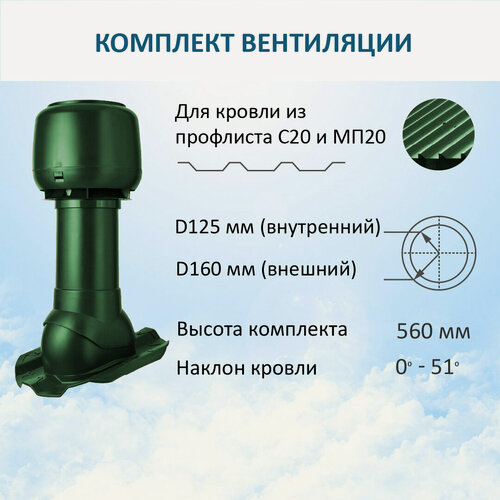 Изображение товара Комплект вентиляции: Вент. выход D125/160 утепленный H 500 мм, колпак D160, для металлопрофиля МП20 иС20, зеленый
