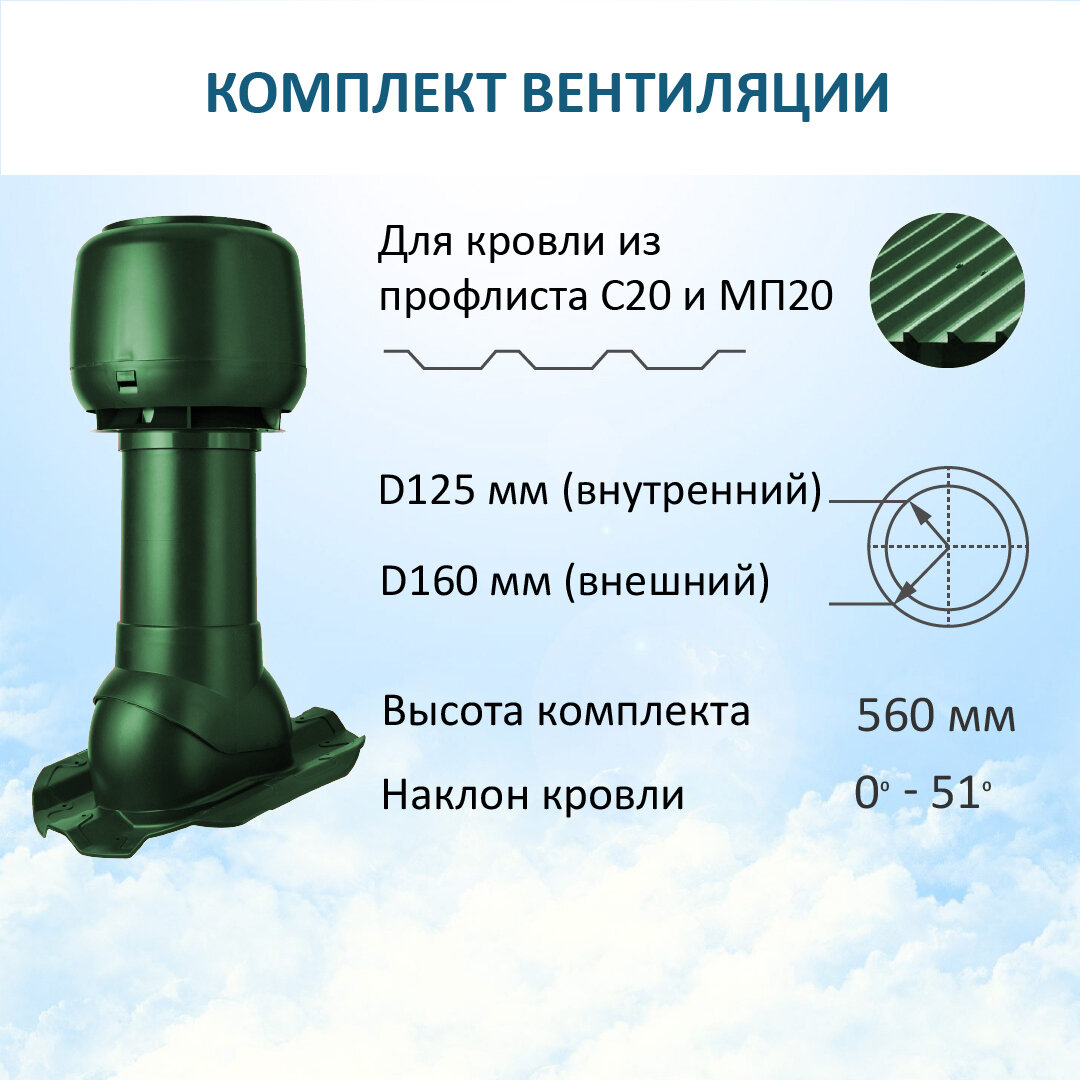 Комплект вентиляции: Вент. выход D125/160 утепленный H 500 мм, колпак D160, для металлопрофиля МП20 иС20, зеленый