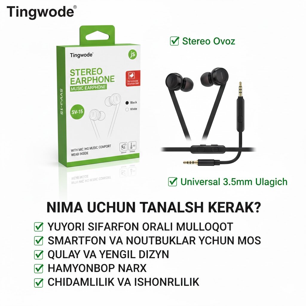 Проводные наушники Tingwode SV-15 с микрофоном, разъем 3.5 мм — фото 1