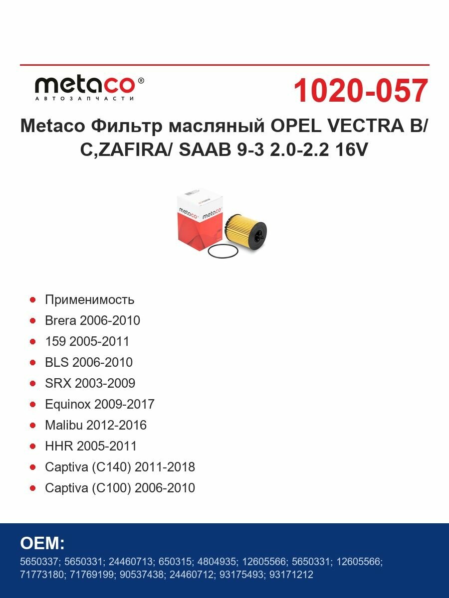 Metaco Фильтр масляный OPEL VECTRA B/ C, ZAFIRA/ SAAB 9-3 2.0-2.2 16V