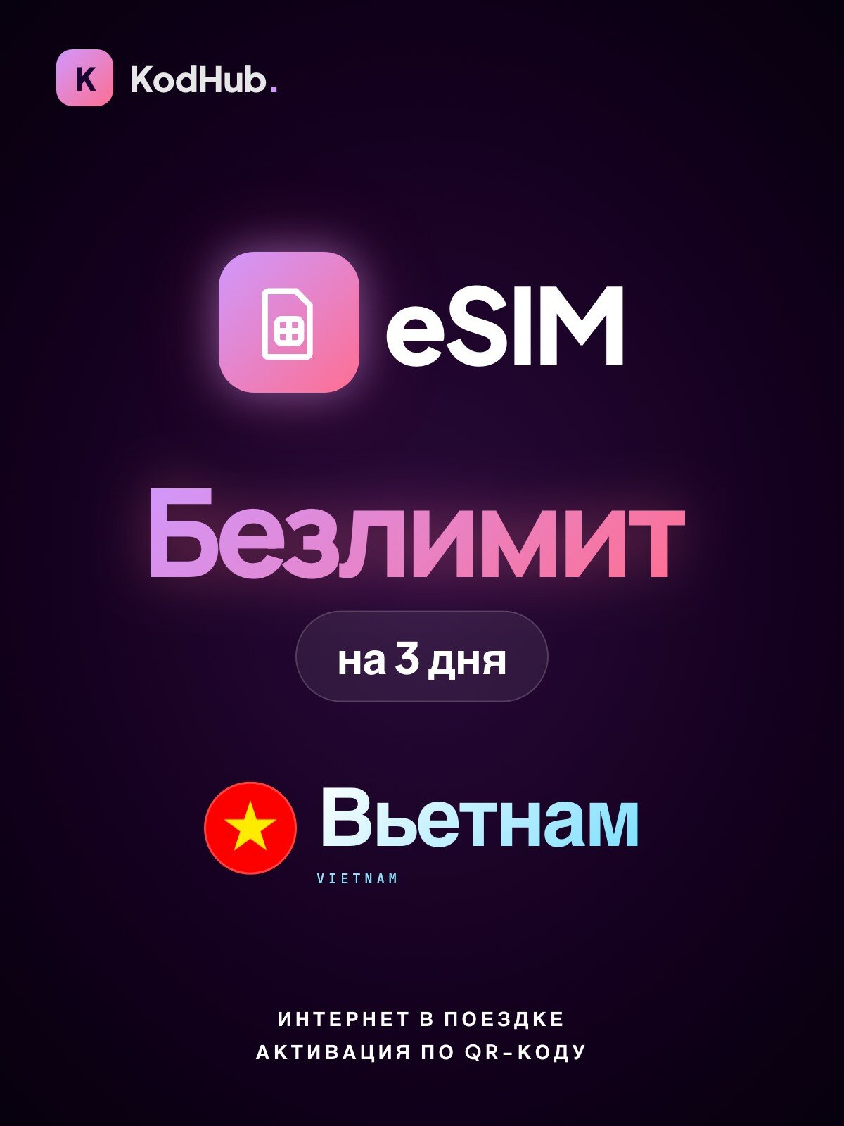 Туристическая eSIM Вьетнам безлимит на 3 дня | интернет в поездке, связь за границей | QR-код активации