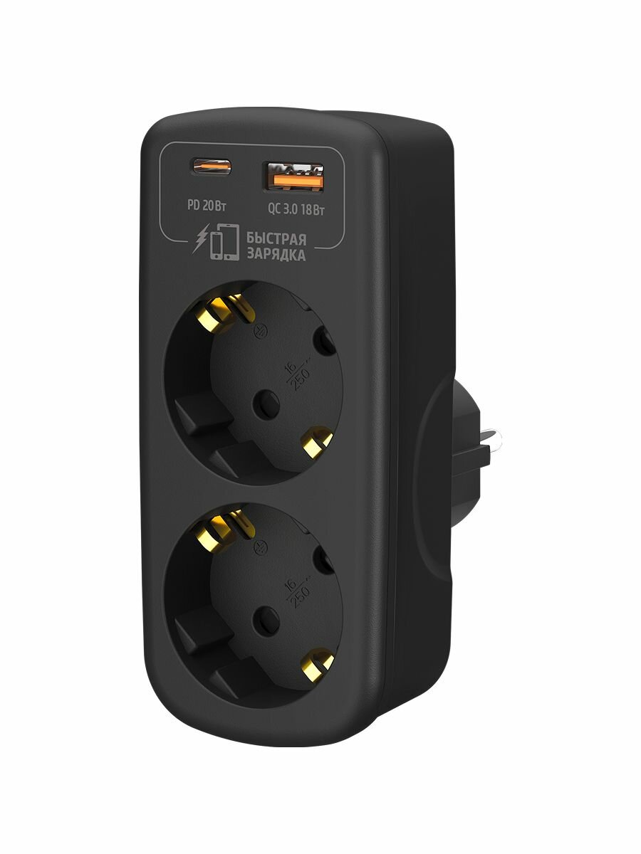 Разветвитель с usb быстрая зарядка 20Вт, type c, type a, ФОТОН, 16А с заземлением чёрный — фото 1