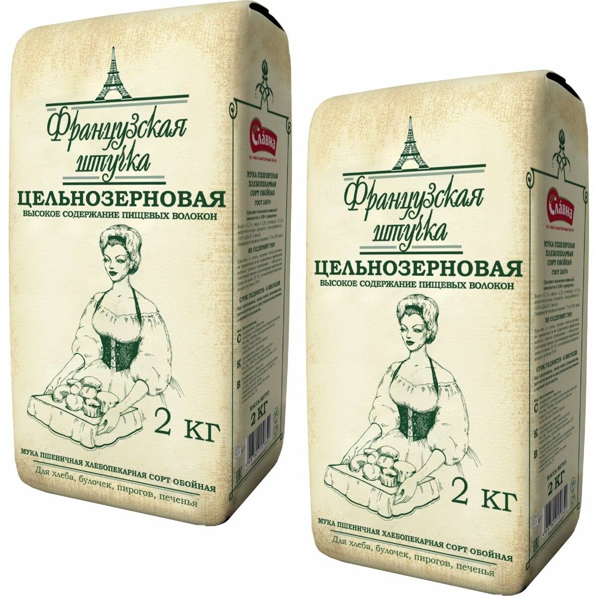 Мука Французская Штучка цельнозерновая, 2 кг * 2 шт.