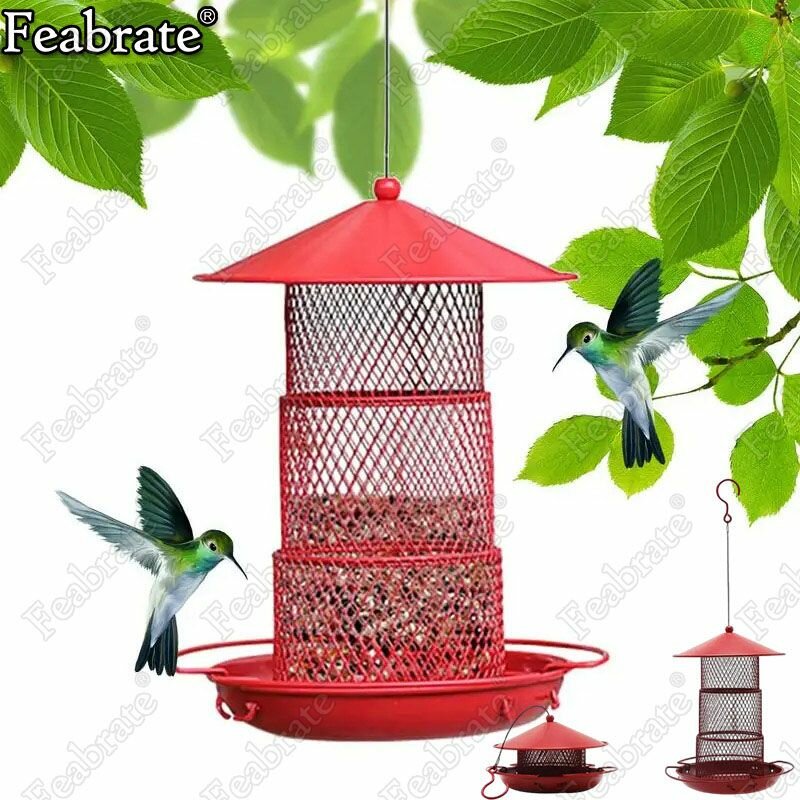 Подвесная уличная кормушка для птиц красная.