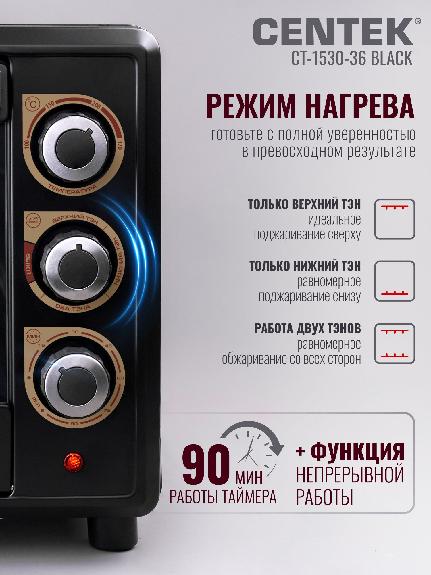 Мини печь Centek CT-1530-36 BLACK мини печь для дома/кухни/дачи, 36л, мощность 1600Вт, таймер 120мин, 4 режима работы — фото 1