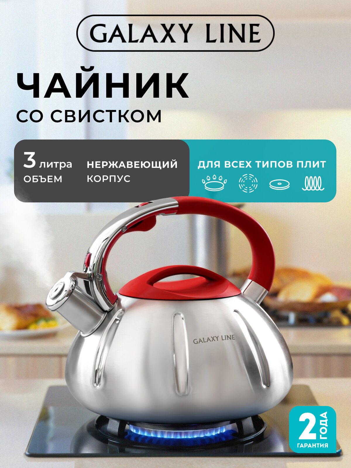 Чайник GALAXY LINE GL9208 со свистком нержавеющая сталь 3л цвет стальной