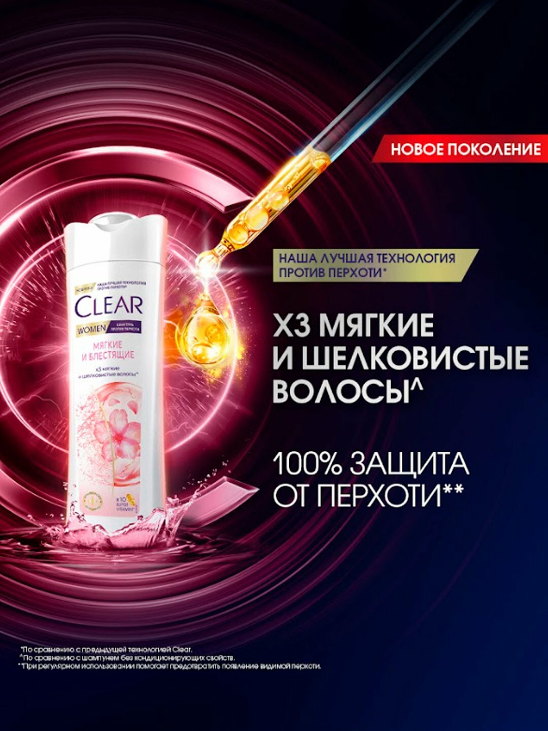 Шампунь против перхоти Clear Women Soft & Shiny, кератин, 380мл