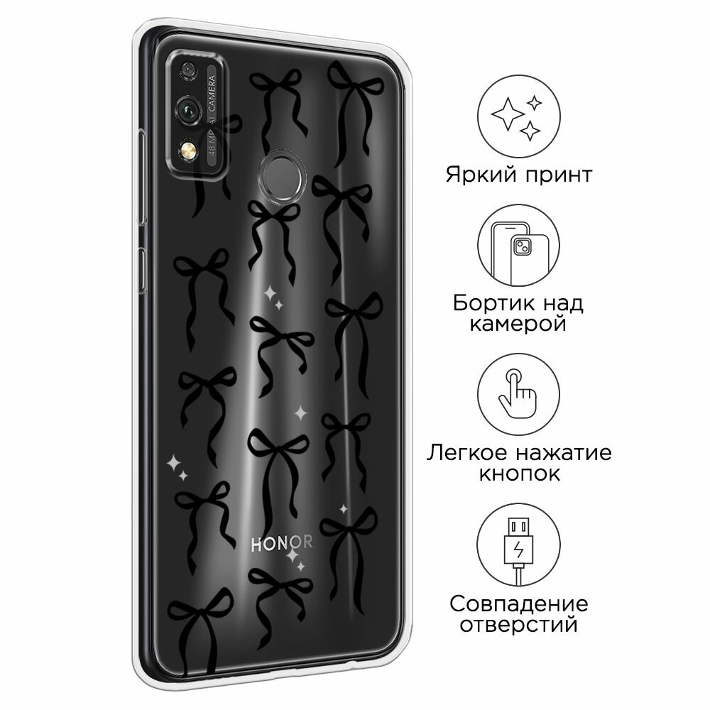 Чехол на Honor 9X Lite / Хонор 9X Лайт с принтом Black bows, прозрачный — фото 1