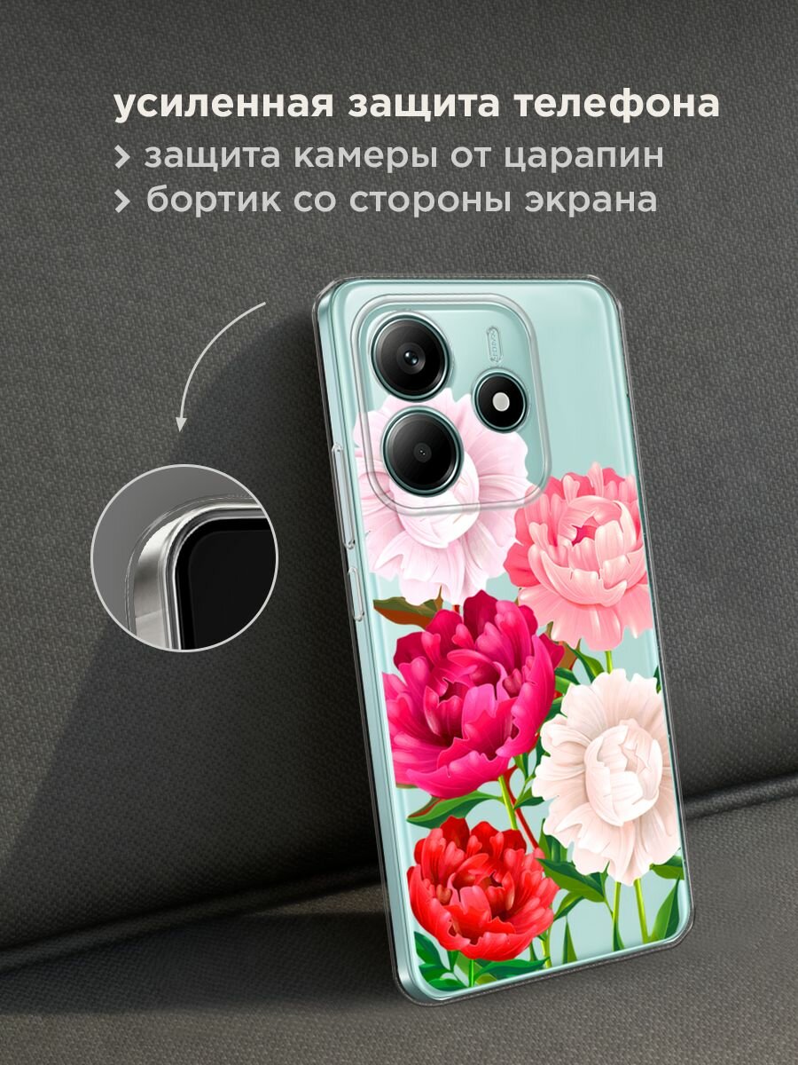 Чехол на Xiaomi Redmi Note 14 4G / Редми Нот 14 4G с принтом "Большие пионы", прозрачный — фото 1