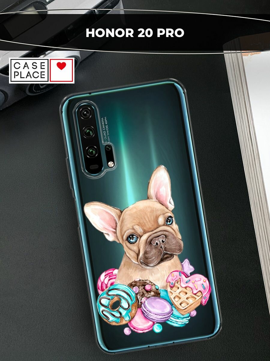 Чехол на Honor 20 Pro / Хонор 20 Про с принтом "Бульдог и сладости", прозрачный