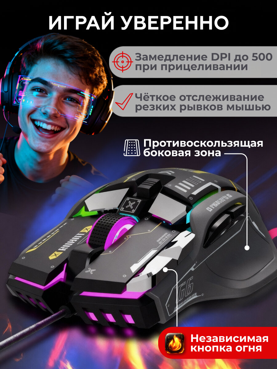 Мышь компьютерная игровая проводная с подсветкой 12800 dpi с программируемыми клавишами чёрная — фото 1