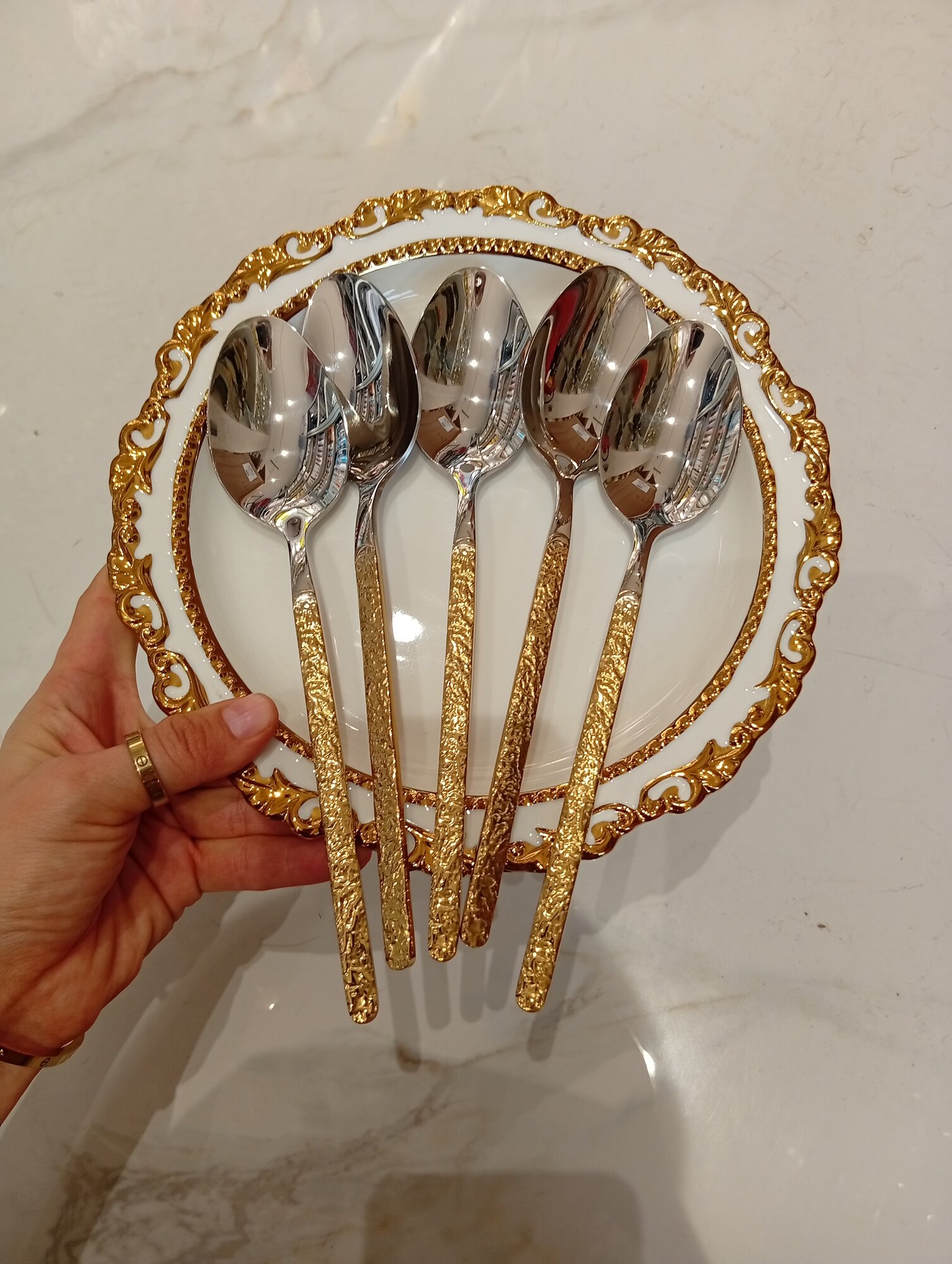 Столовые ложки нержавеющая сталь 22 см, набор 6 шт, позолоченные, красивый дизайн, золото и серебро