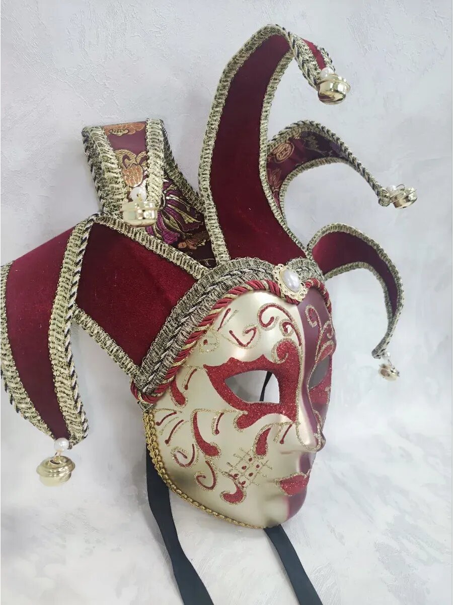 Маска Сфера "Венецианская", пластик/текстиль, на Новый год, завязки, бордовая — фото 1