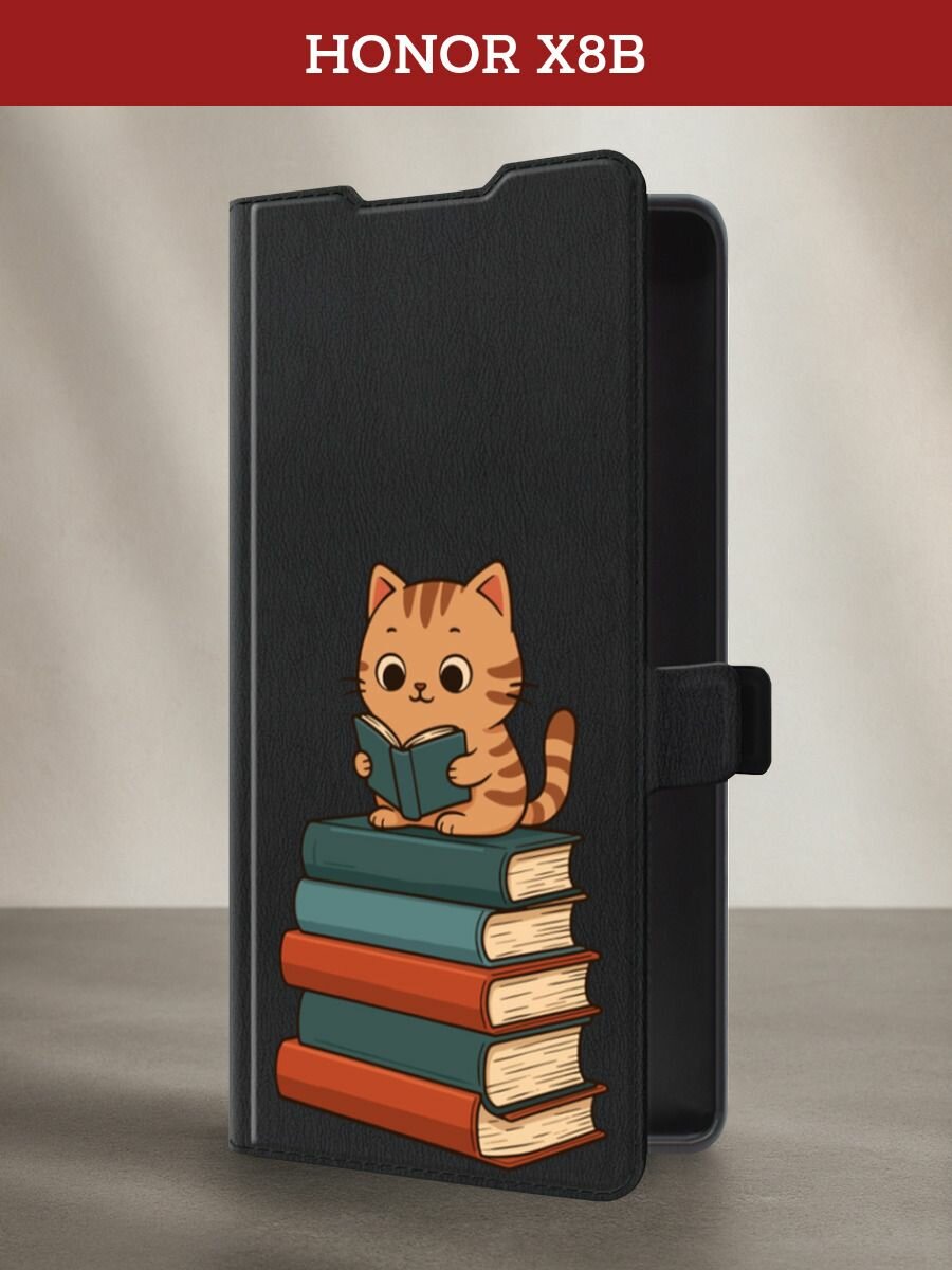 Чехол-книжка на Honor X8B / Хонор Х8B с принтом Котенок-читатель, черный