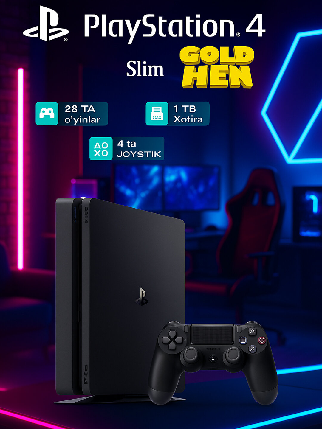 Игровая приставка PS4, Sony Playstation 4 Slim, версия Goldhen, 4 шт Dualshok, 28 игр