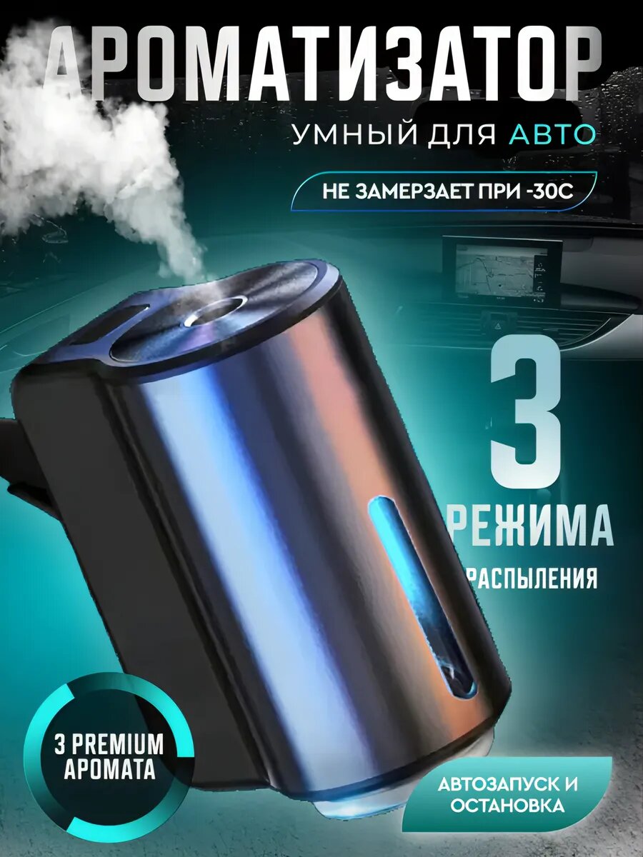 Умный автомобильный аромадиффузор на дефлектор, 3 режима распыления, автозапуск при движении, подсветка, 3 аромата 10 мл