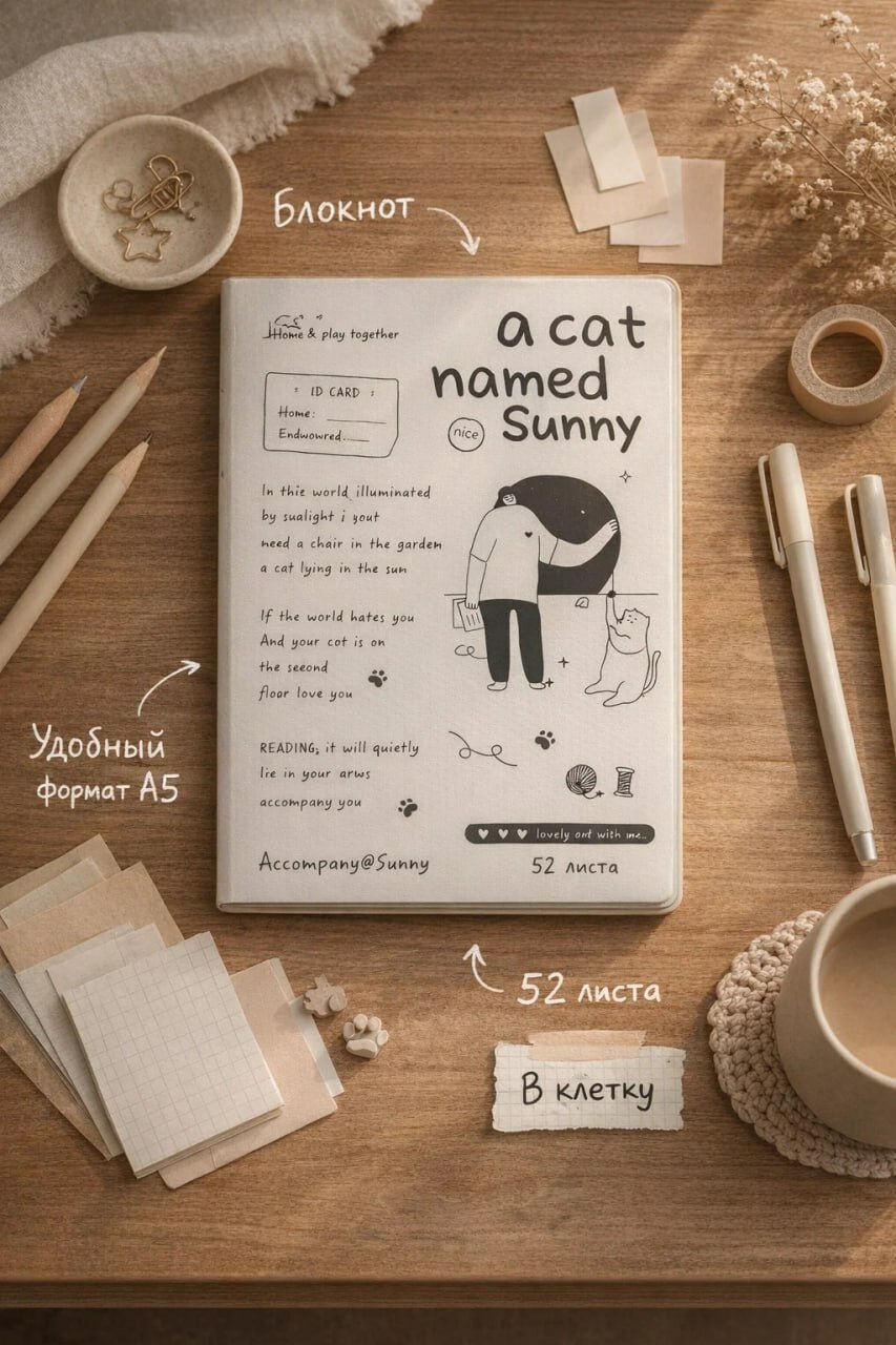 Блокнот A5 «A cat named Sunny», 52 листа, в клетку, мягкая обложка, удобный формат для записей, учёбы и творчества