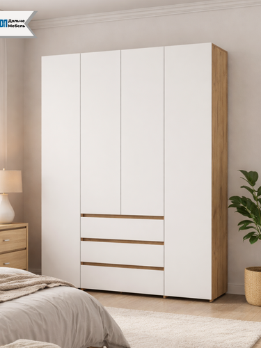 Изображение товара Шкаф для одежды распашной SV-Мебель Некст 1, 4-дверный, 160×210×46 см, большой в спальню и прихожую, дуб золотой/белый