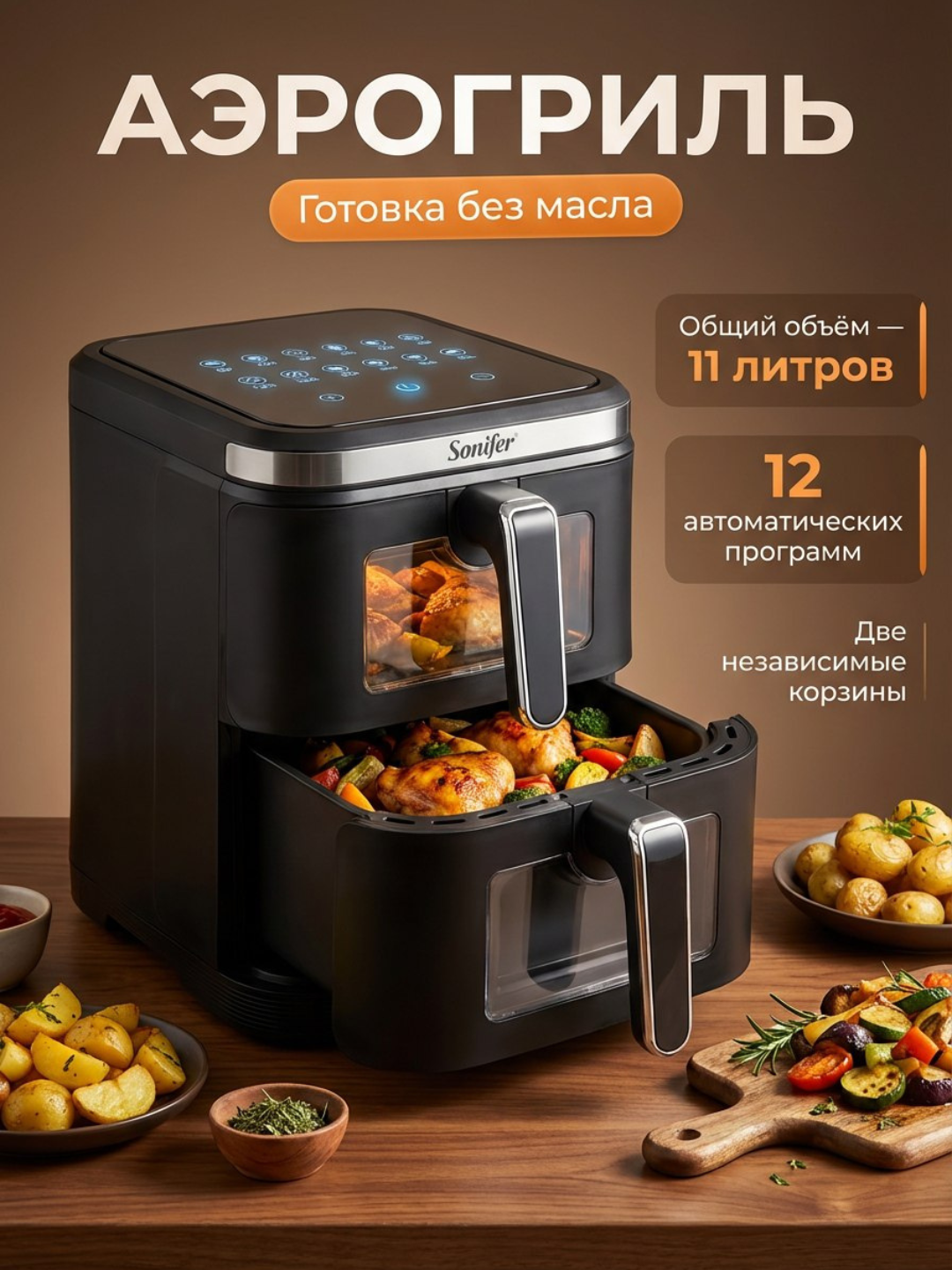 Аэрогриль электрический, 10 в 1, фритюрница для готовки без масла, 11 л