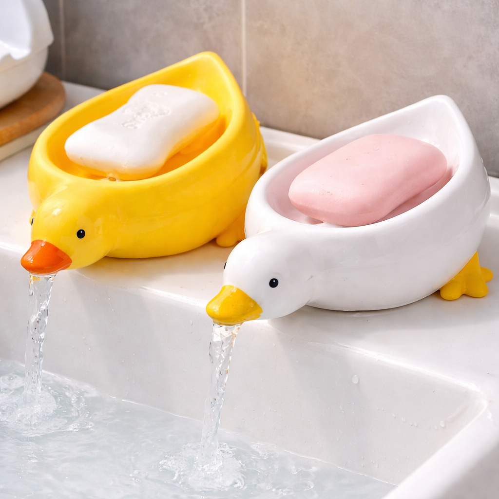 Мыльница в форме утки с дренажными отверстиями и сливом воды