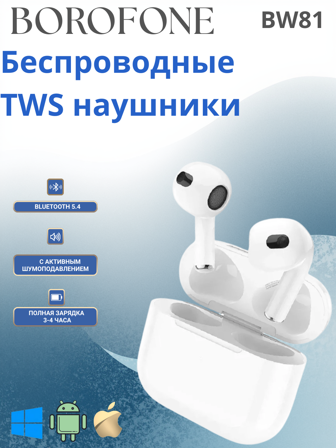 Borofone BW81 TWS – беспроводные Bluetooth 5.4 наушники с ANC, кейс, микрофон