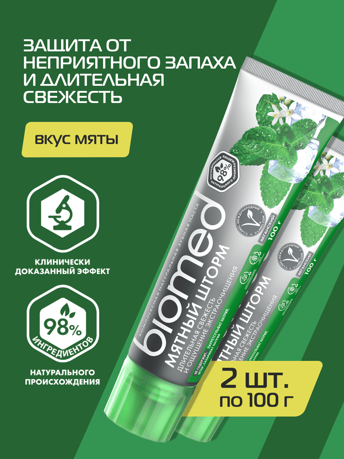 Зубная паста BIOMED (биомед) «Мятный шторм» без фтора, для взрослых и детей от 6 лет. 100г, 2 шт.