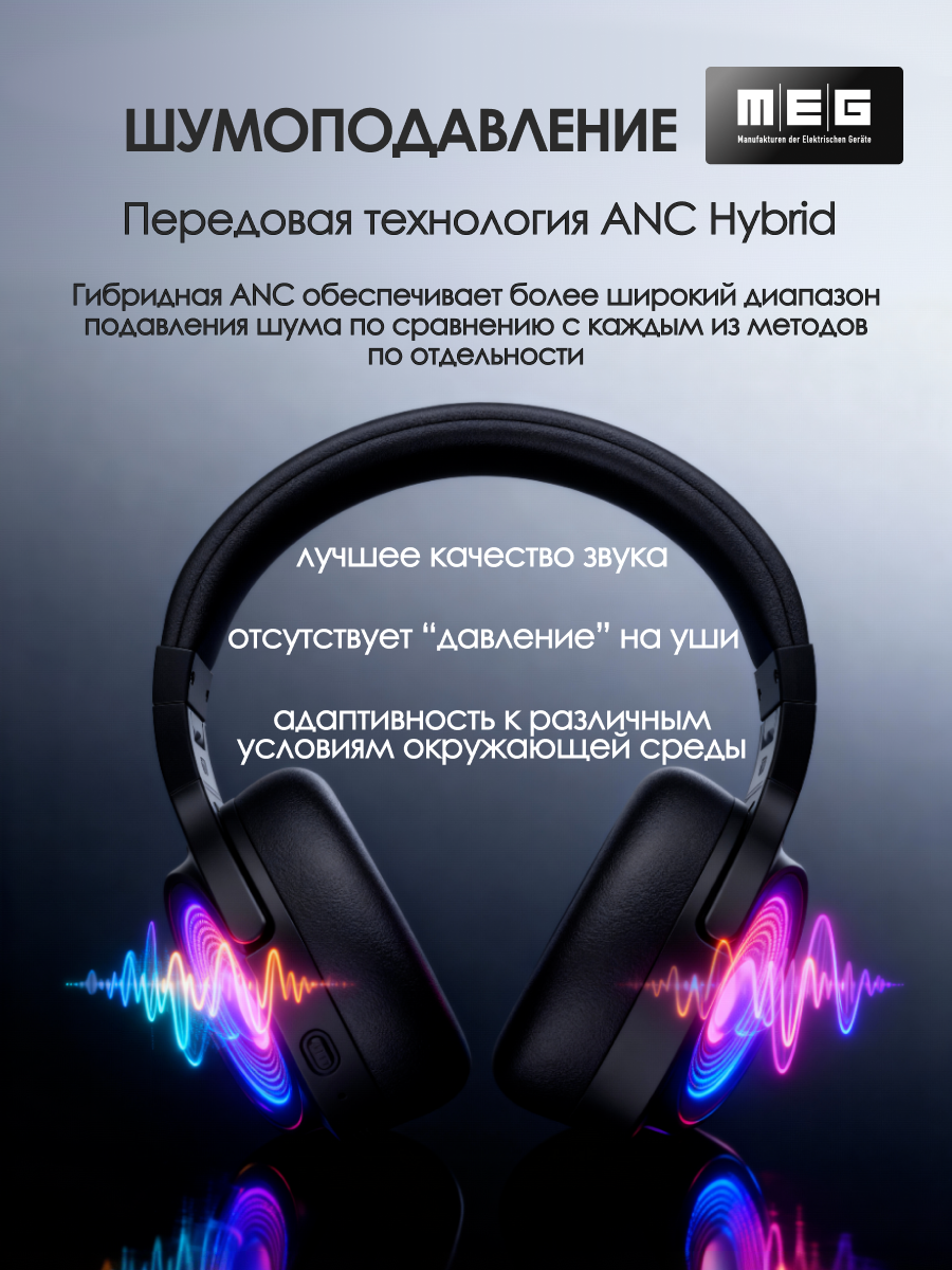 Беспроводные наушники MEG HEA500BL, Bluetooth 6.0, до 90 ч, ANC Hybryd, Multipoint, черный — фото 1