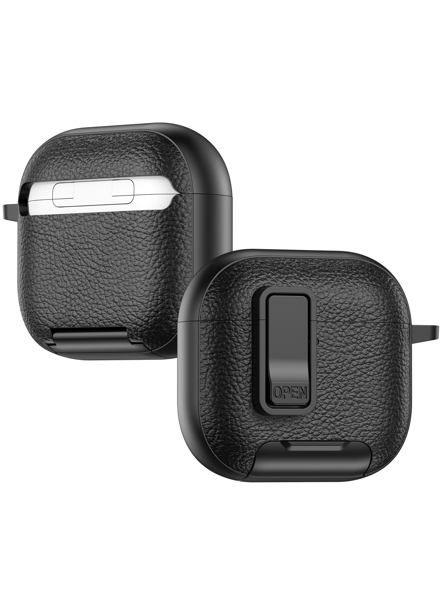 Чехол для наушников AirPods 4 (2024) пластик + эко кожа с замком и карабином + черная щетка, черный — фото 1