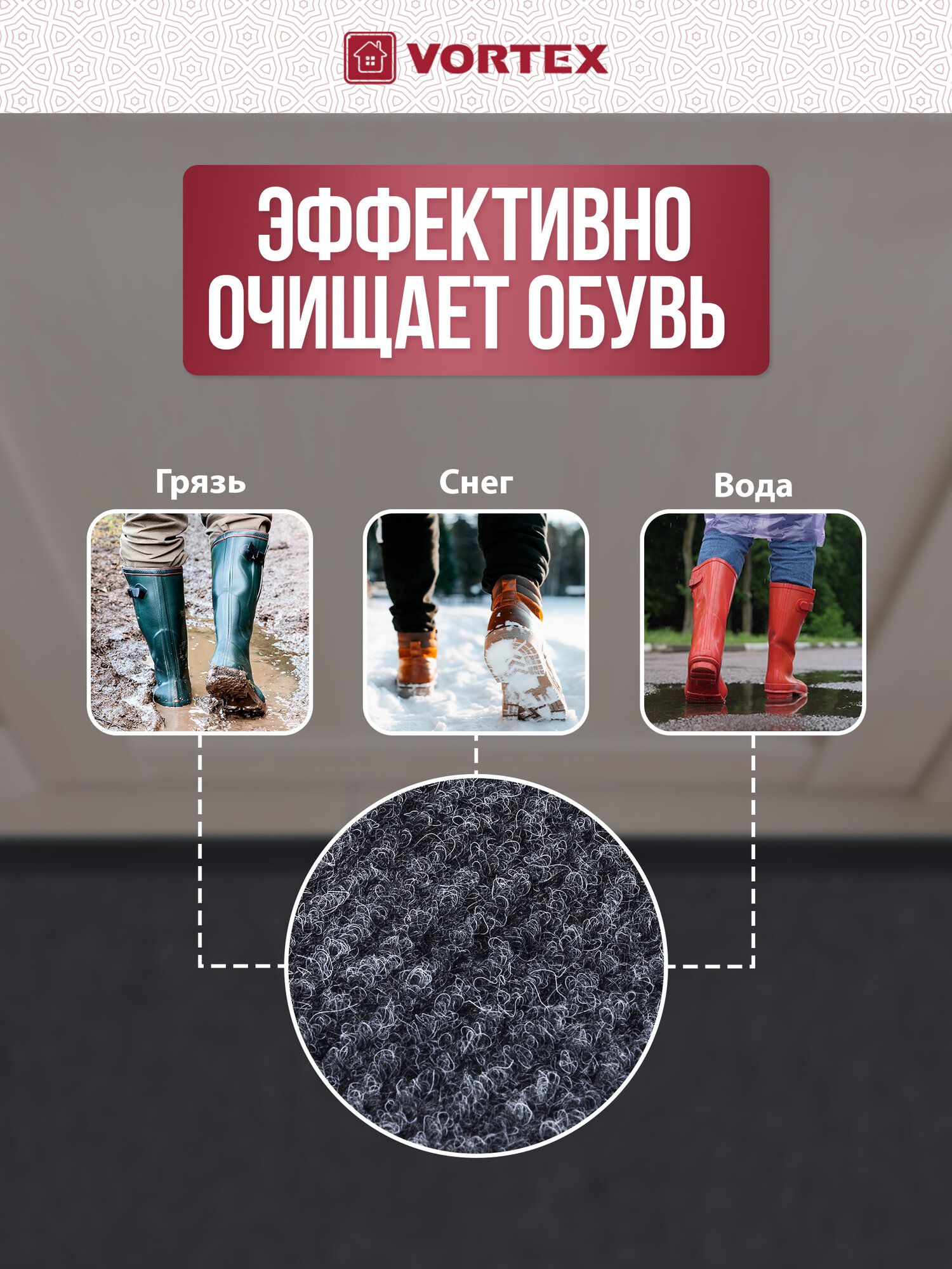 Коврик Vortex "Профи", влаговпитывающий, противоскользящий, серый, полиэстер, 120x150 см — фото 1