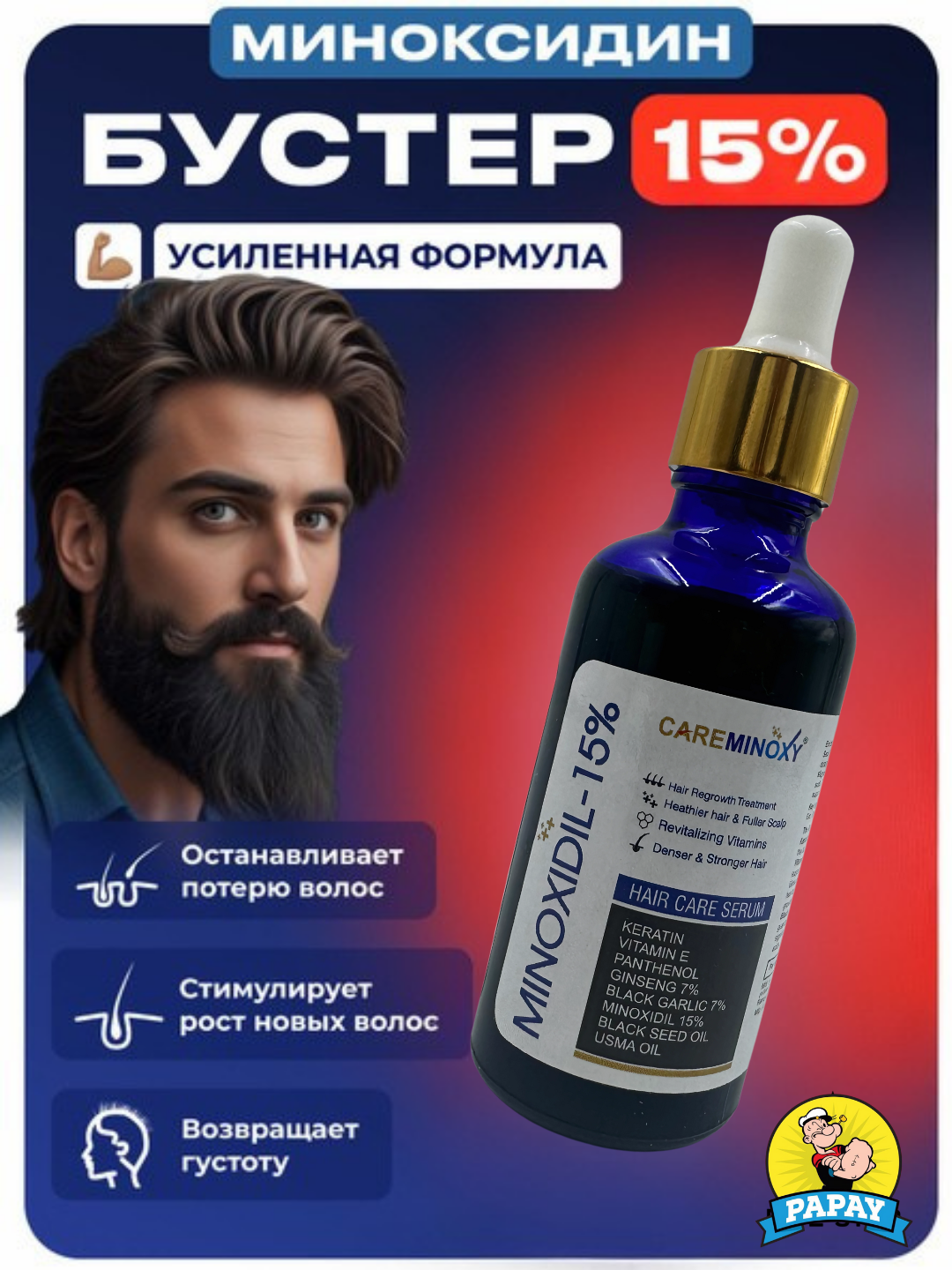 Миноксидил 10%, средство от облысения, активация роста волос бороды усов, 50 мл