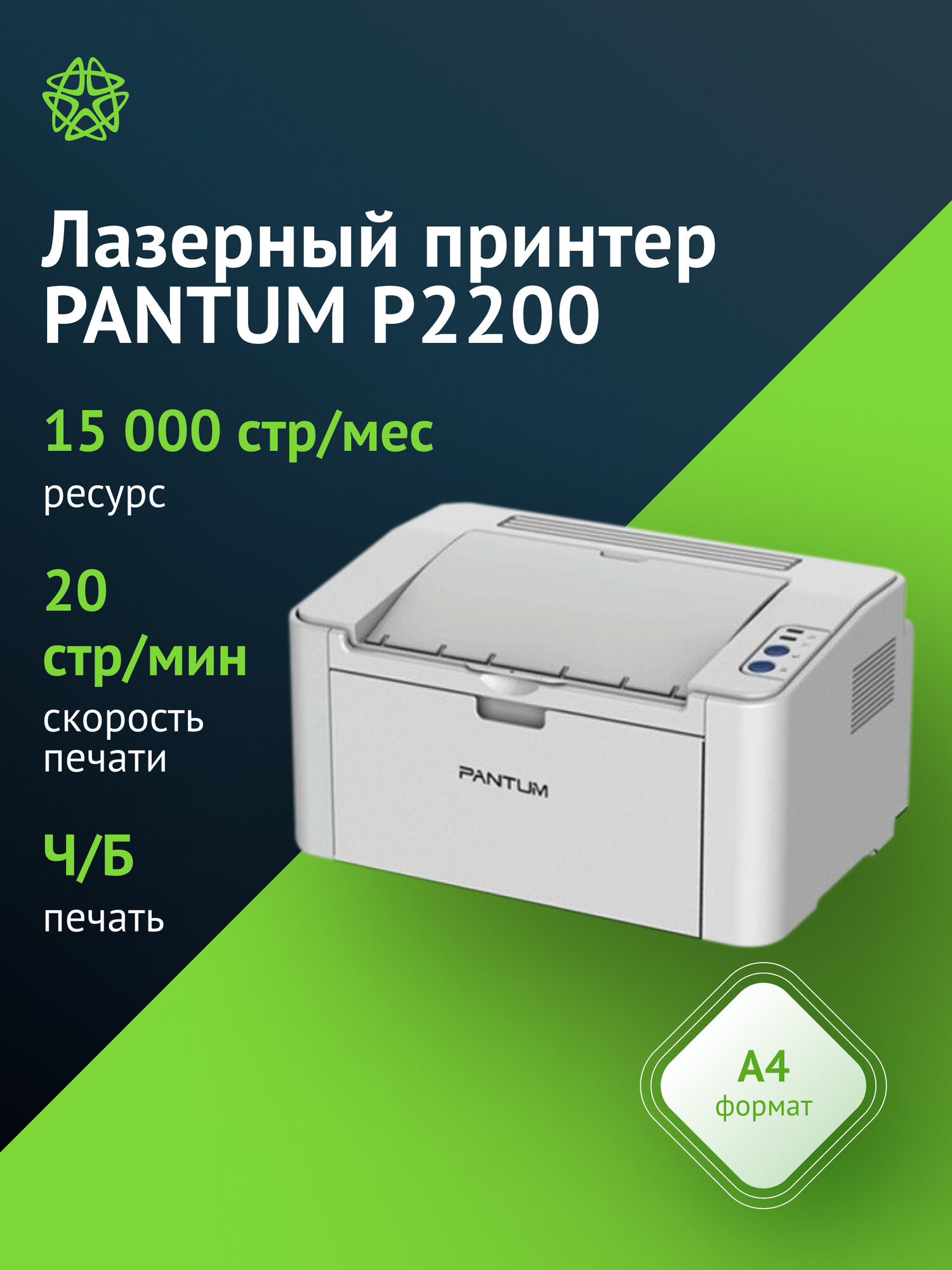 Принтер лазерный Pantum P2200 серый, тип печати: черно-белый, формат A4, скорость ч/б печати А4 до 20стр/мин