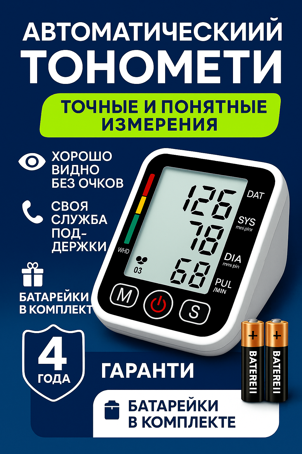 Тонометр-автомат на руку с голосовым оповещением измерение давления и пульса