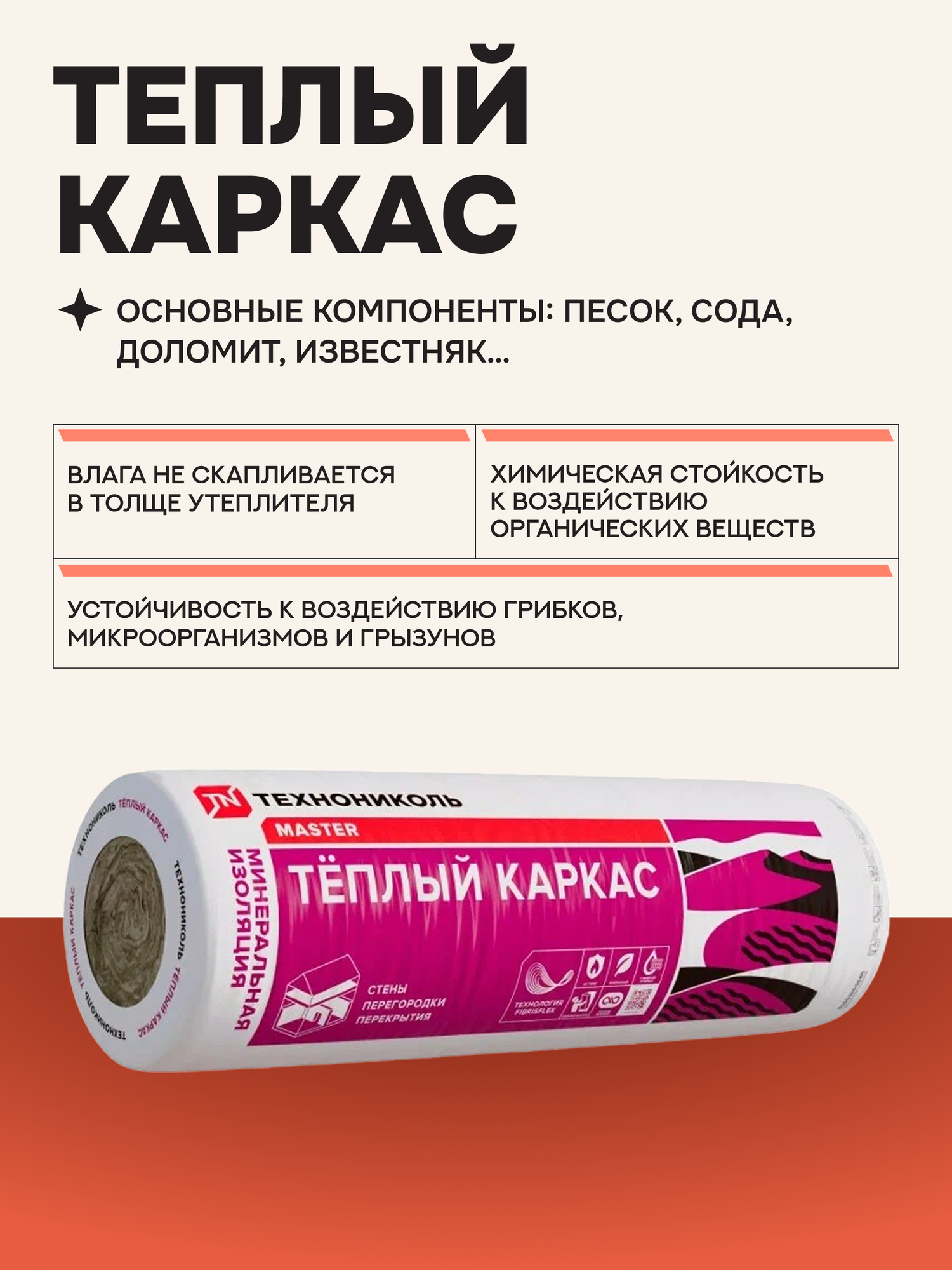 Утеплитель Технониколь "Теплый Каркас" минеральная вата толщина 150 мм (2 рулона в упаковке 9.6 м2 площадь)