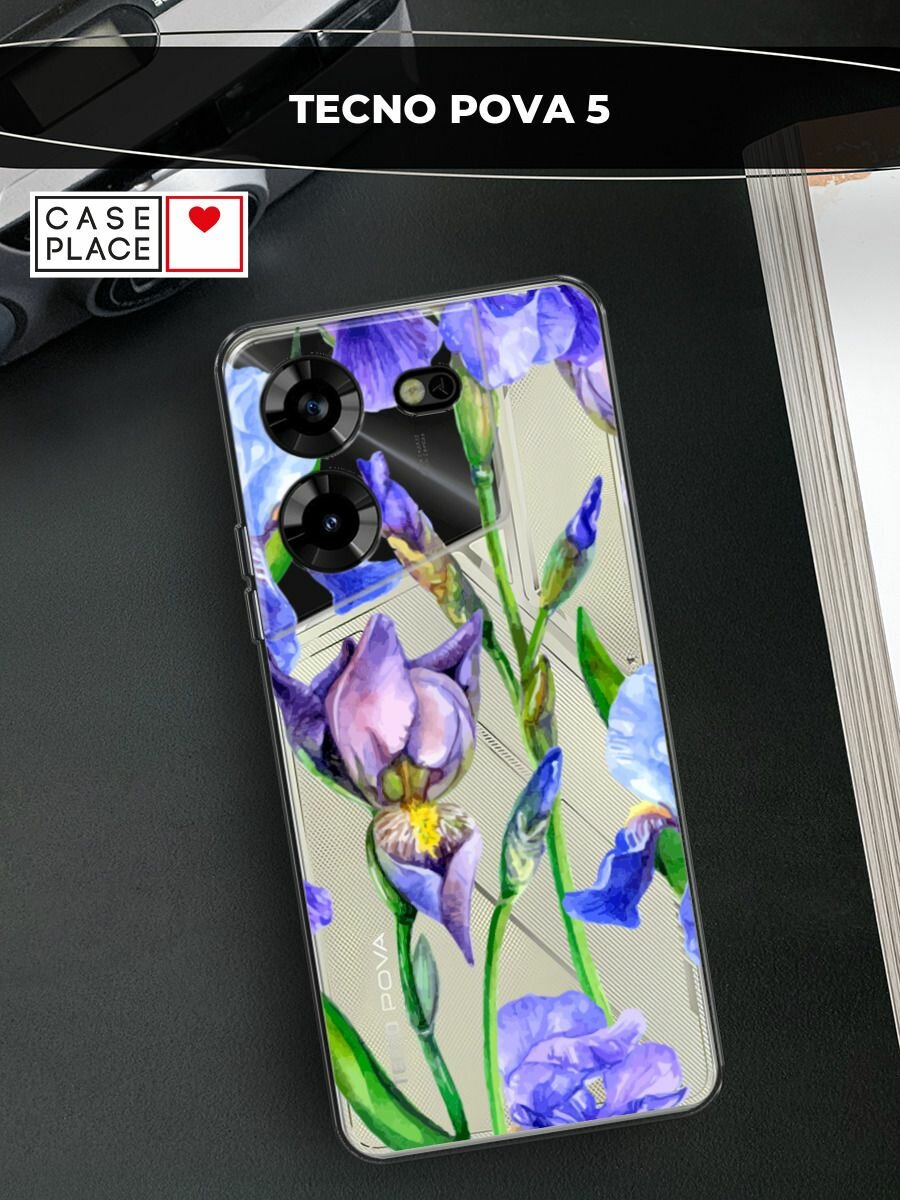 Чехол на Tecno Pova 5 / Техно Пова 5 с принтом "Синие ирисы", прозрачный