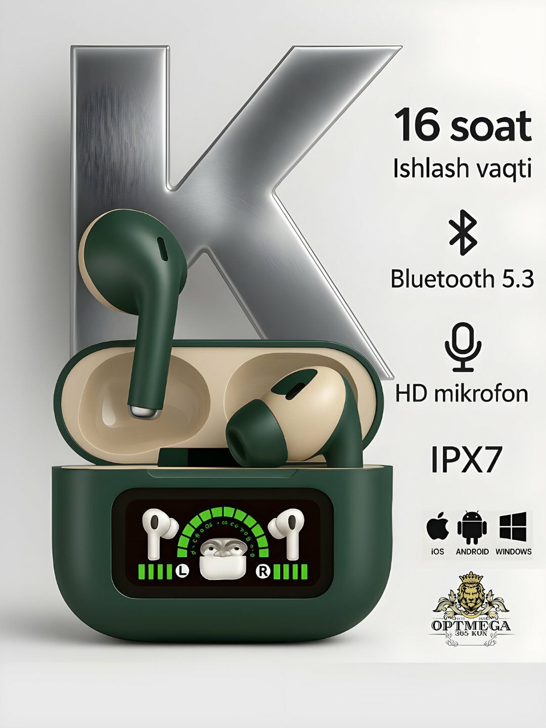 Беспроводные наушники K18 Max, PRO ANC/ENC мощные басы и длительная работа, Pods Pro - Зеленый