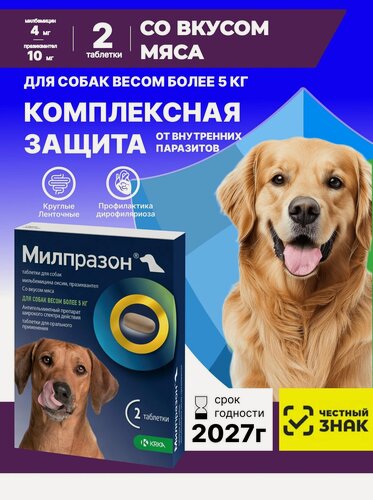 Изображение товара Милпразон Для собак более 5кг 2 табл (12,5 мг / 125мг) От гельминтов Таблетки со вкусом мяса