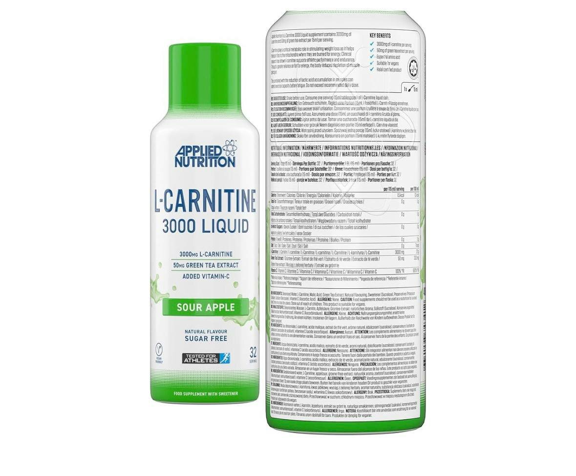 L-карнитин Applied Nutrition, жидкий, яблочный вкус, без сахара, без ГМО, 480 мл — фото 1