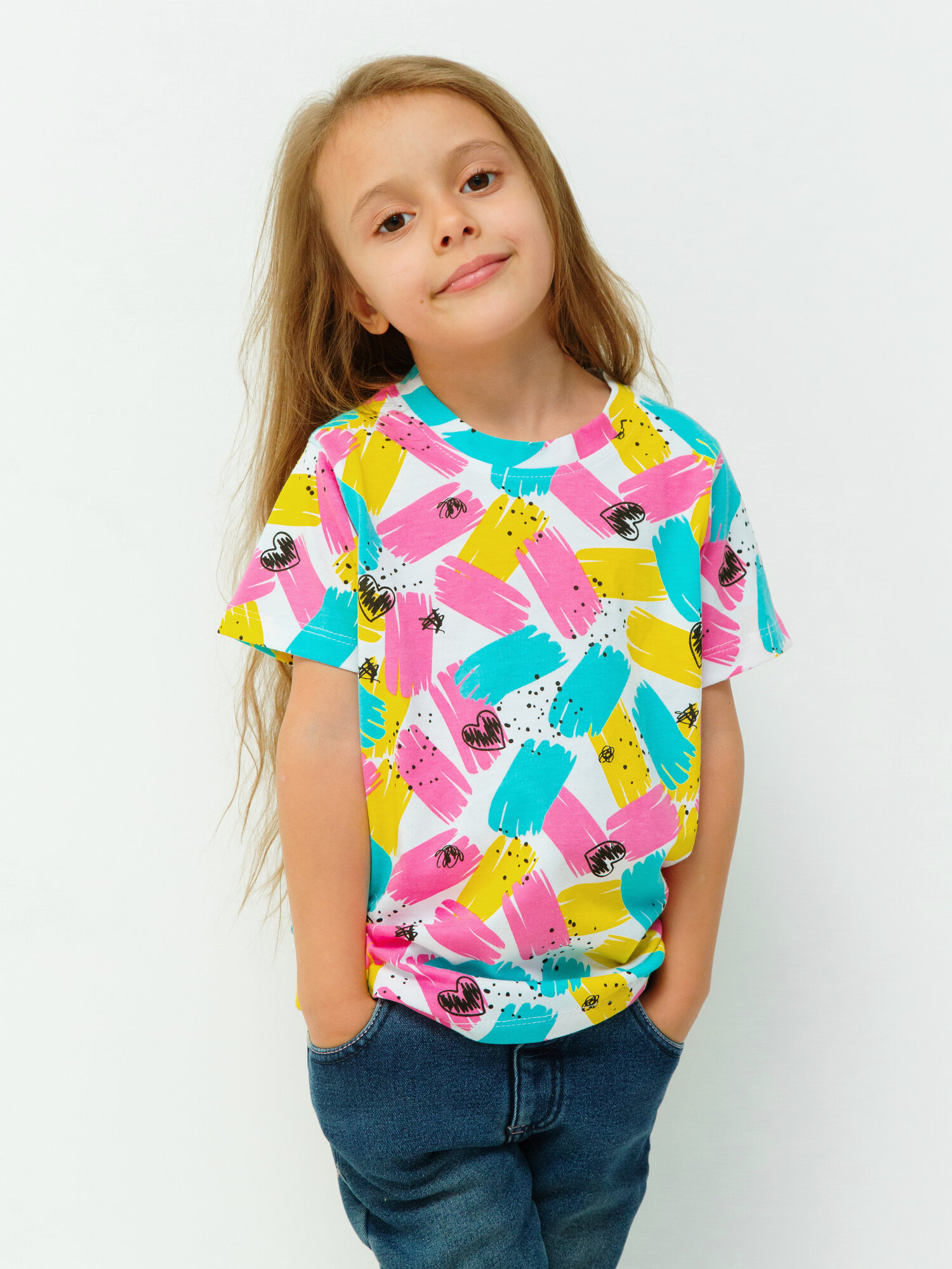 Футболка Ohana kids для физкультуры и детского сада размер 116 бирюзовый желтый розовый