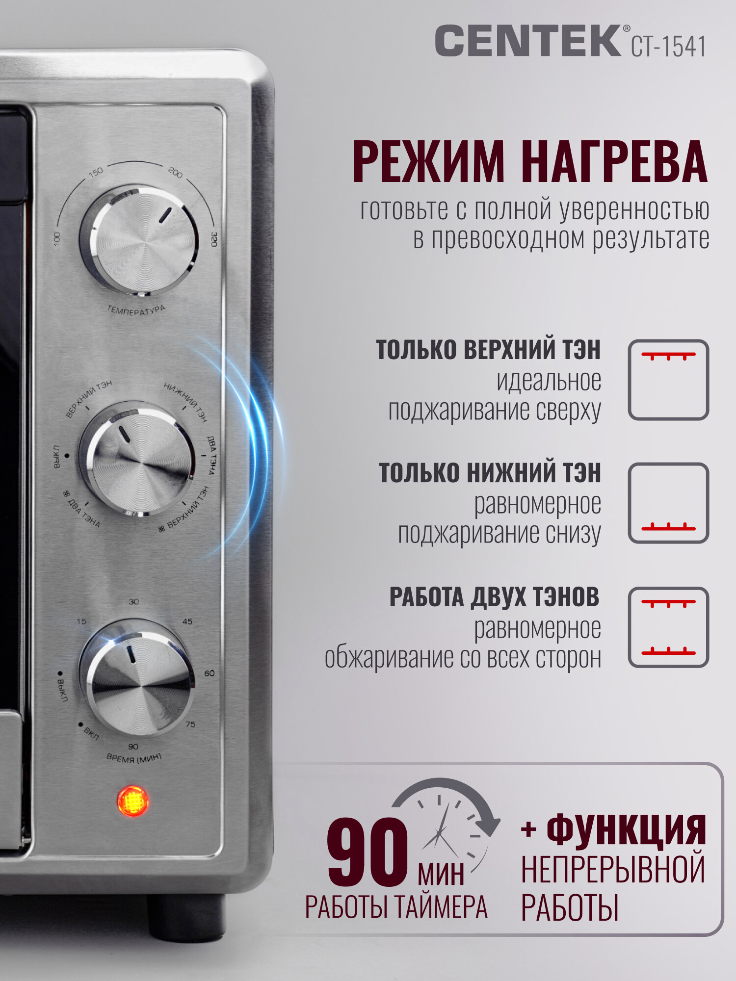 Мини печь электрическая Centek CT-1541 с функцией конвекции и двойным стеклом — фото 1