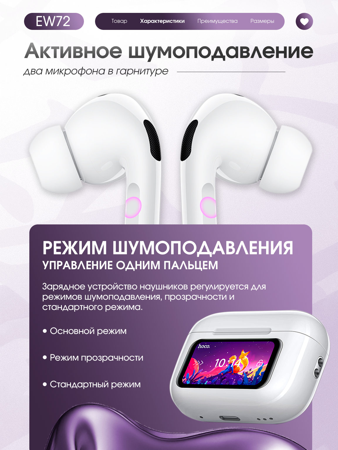 Наушники беспроводные, сенсорное управление, шумоподавление, влагозащита, Li-Ion аккумуляторы — фото 1