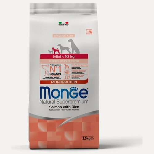 Изображение товара Корм сухой для щенков мелких пород Monge Dog Speciality Line Monoprotein из лосося с рисом 2,5 кг