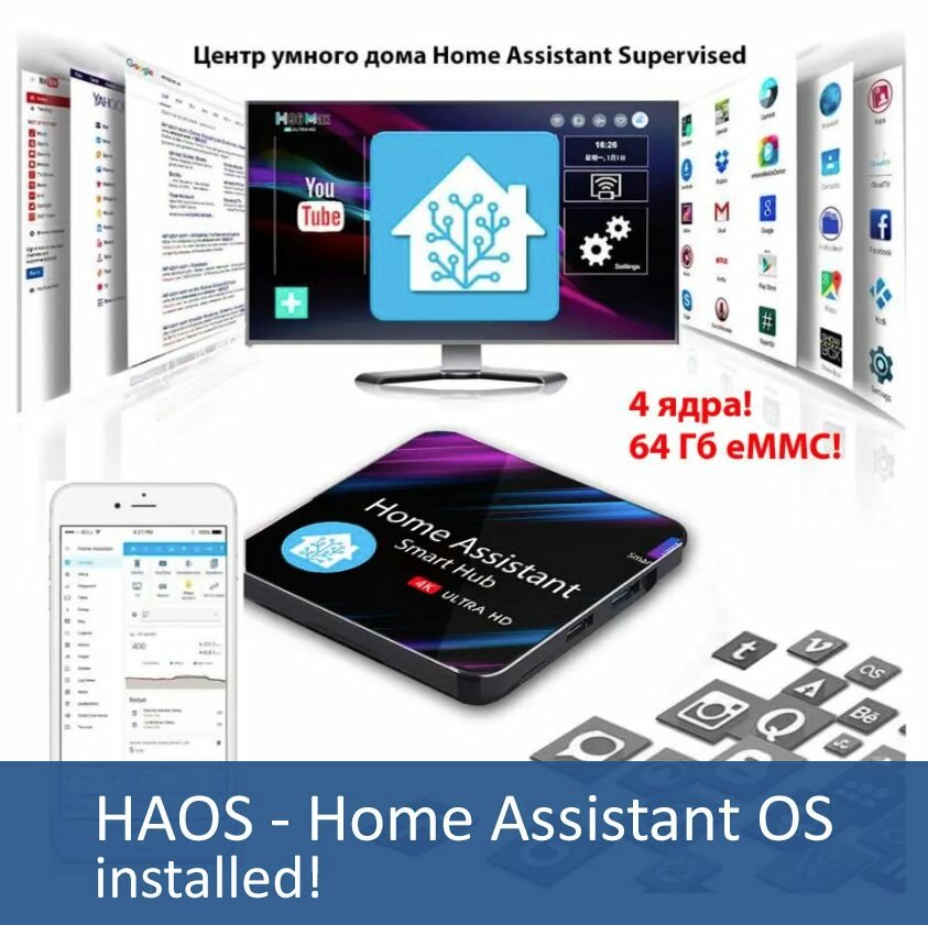 Центр умного дома Home Assistant - HAOS, 4-core RK3318, 4/64 GB EMMC (Алиса, zigbee, wi-fi, apple home kit, matter)