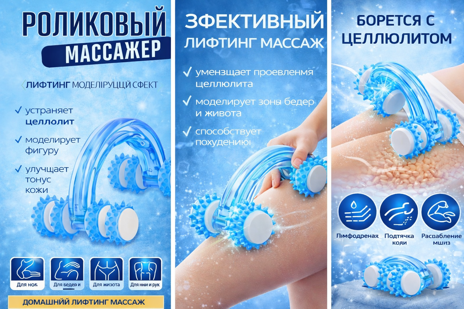 Массажер, с колесиками, моделирующий лифтинг, для тела, с ручкой