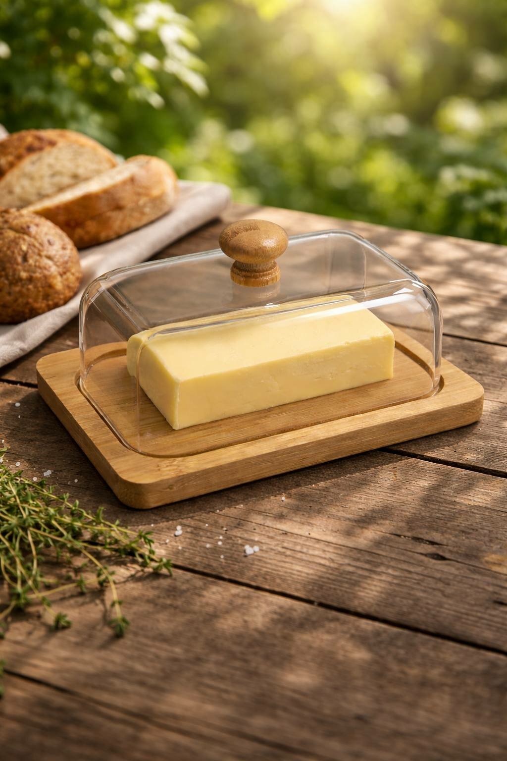 Масленка с бамбуковым основанием и стеклянной крышкой Стильный и функциональный аксессуар для вашей кухни