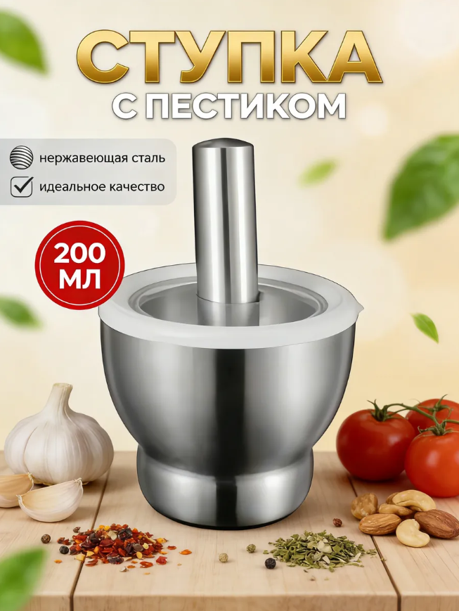 Ступка с пестиком из нержавеющей стали с крышкой для измельчения специй
