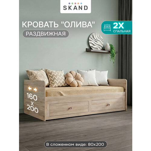 Двуспальная кровать раздвижная Олива 80х200/160х200, без матраса, дуб сонома Skand