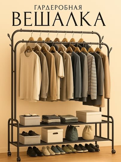 Вешалка напольная, металлическая, для одежды, стойка с крючками, вешалка для одежды — фото 1
