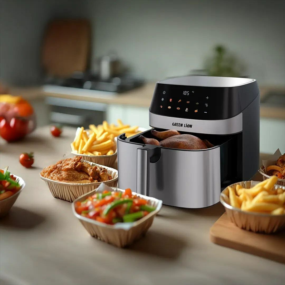 Воздушная фритюрница Green Lion очень удобна для большой семьи, большой объём - 8 литров, 10 режимов приготовления